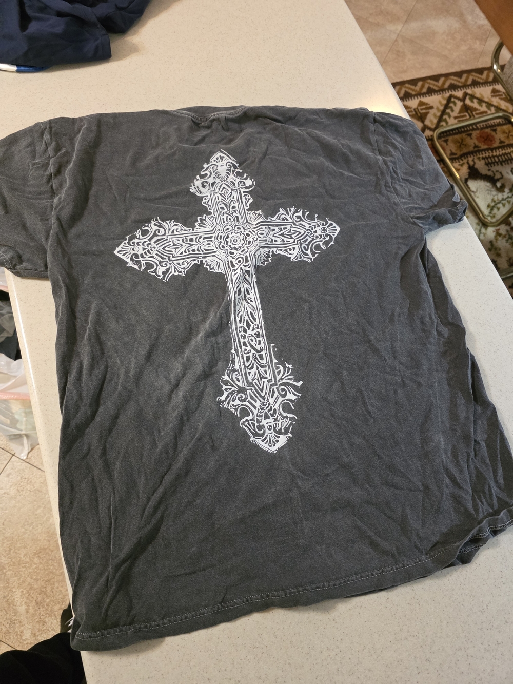 Fashion Nova Charcoal Short-Sleeve Tee with White Ornate Cross